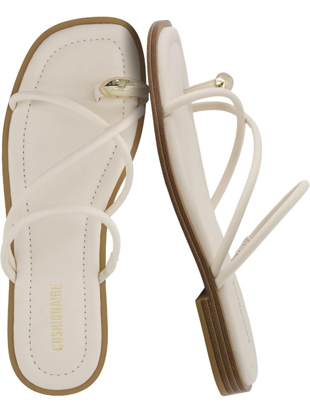 Women’s Cream Strappy Toe-Loop Slide Sandals With Gold-Tone Memory Foam Shoes